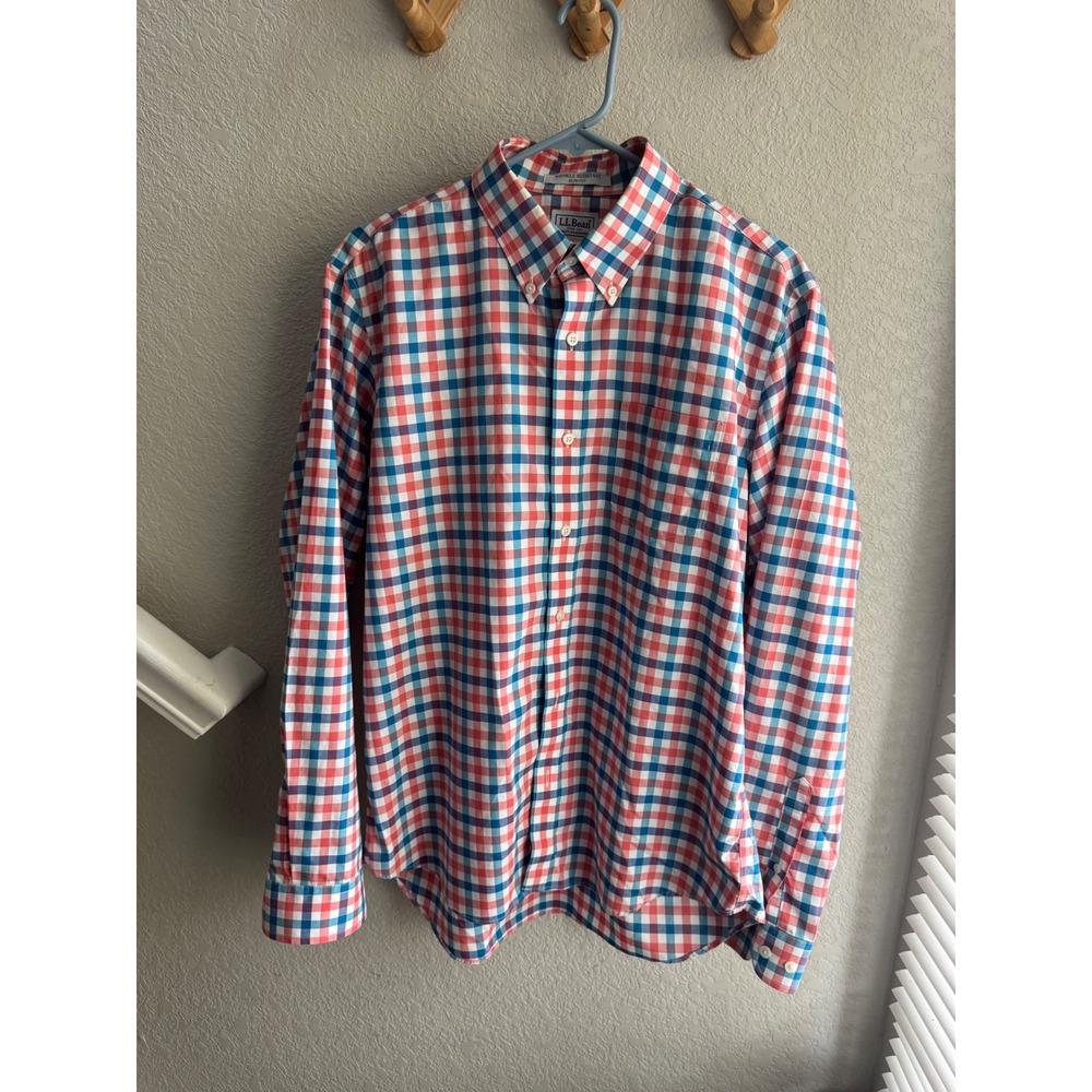 LL Bean Mens Slim Fit Wrinkle Resistant Plaid Button Down Shirt Red Blue Large